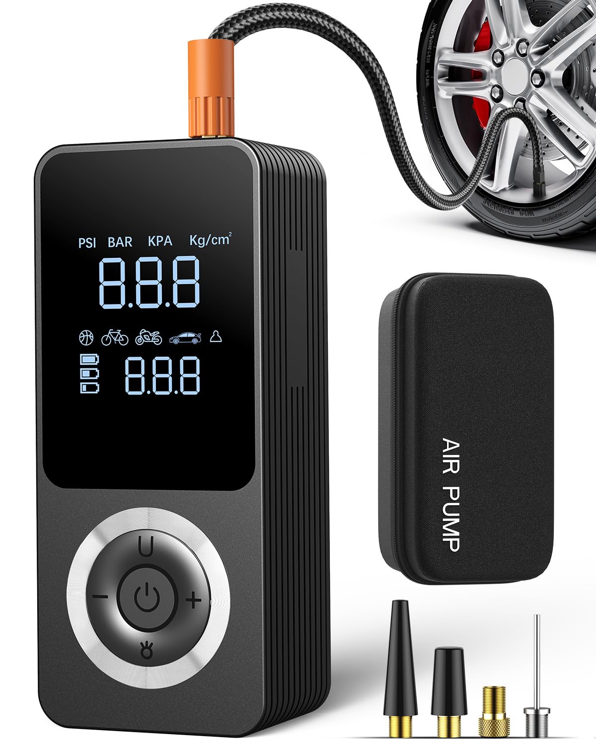 Gonfleur de pneu sans fil, compresseur d'air portable, pompe à air intelligente pour pneu de voiture avec manomètre numérique, lumière LED, adaptateur d'alimentation de voiture 12 V, boîte de