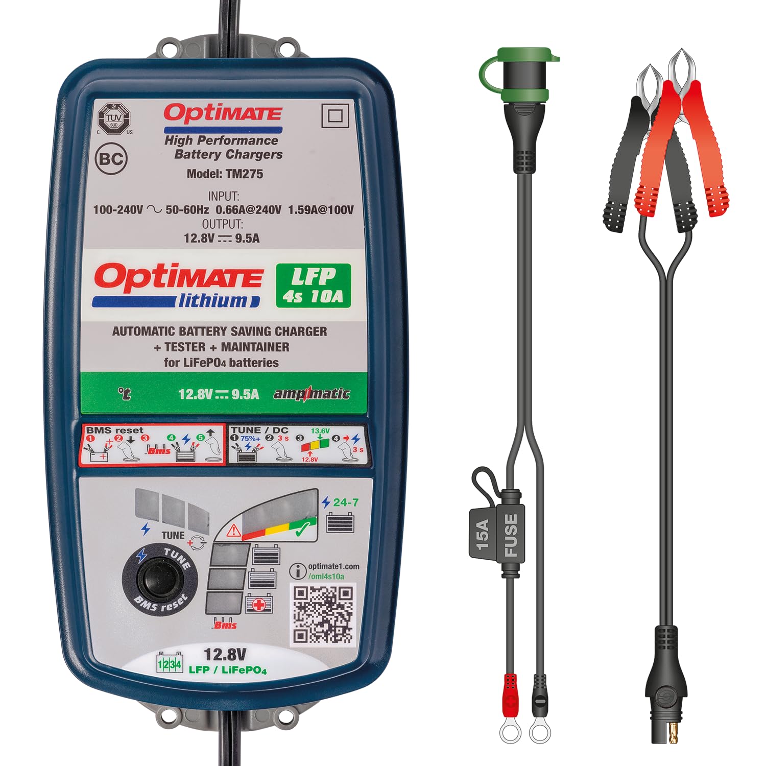 OptiMate Lithium 4s 10A 12,8V LiFePO4 Caricatore con Mantenimento – Programma Automatico 10 Fasi con Modalità TUNE – Sicuro Resistente – per Moto Auto ATV Nautica