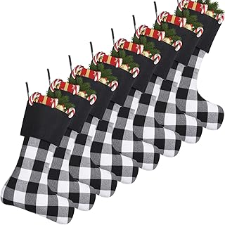 Cootato クリスマスストッキング 8パック 18インチ バッファローチェック柄 クリスマスストッキング Lサイズ パーソナライズされた靴下のデコレーション 家族クリスマスホリデーパーティー用 ブラック&ホワイト ブラックカフ