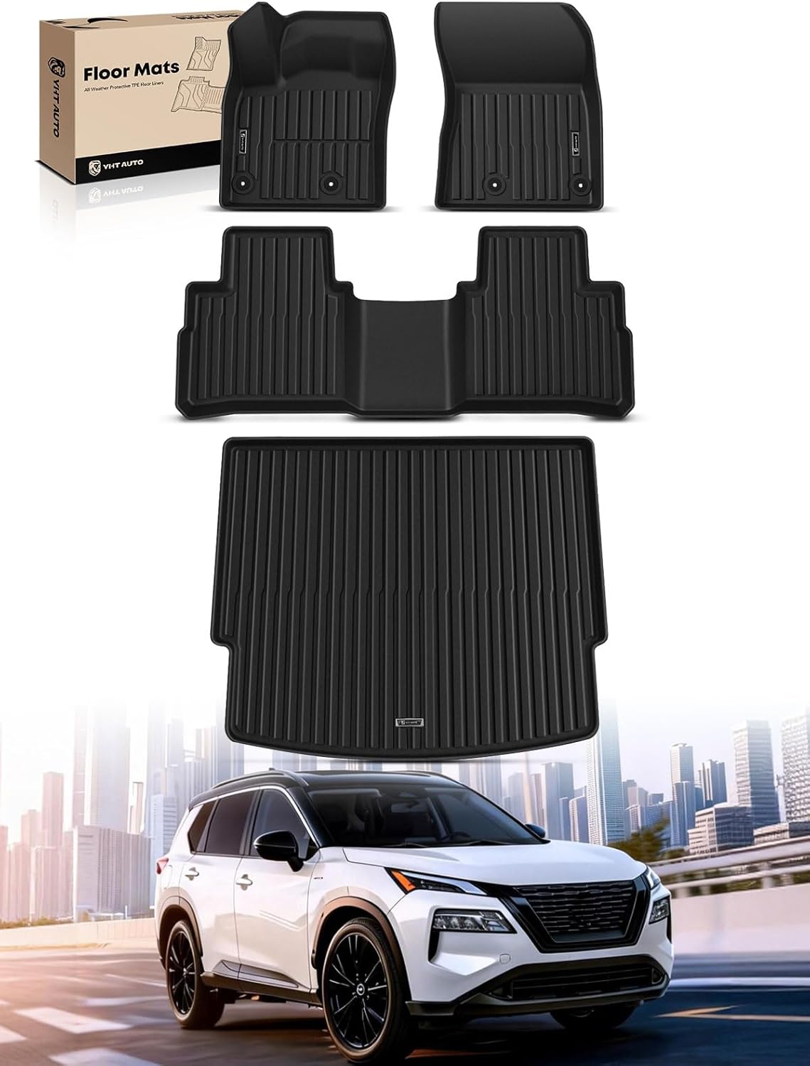 YHTAUTO Automotive Floor Mats & Cargo Mat Compatible with Nissan Rogue 2021-2026 (Not Rogue Sport), TPE All Weather Floor Liner Odorless Custom Fit Car Mats, 1st & 2nd Row & Trunk Mat, Set of 4
