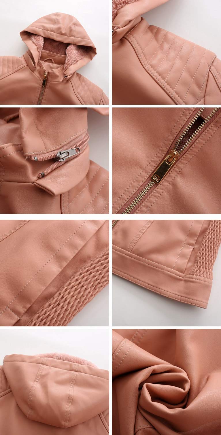 DISSA Damen Kunstleder Kapuzenjacke Kurzer Reißverschluss | Gesteppte Schultern, Fleece-Futter, RV-Bündchen, Seitentaschen. Winterjacke, Basic-Oberbekleidung