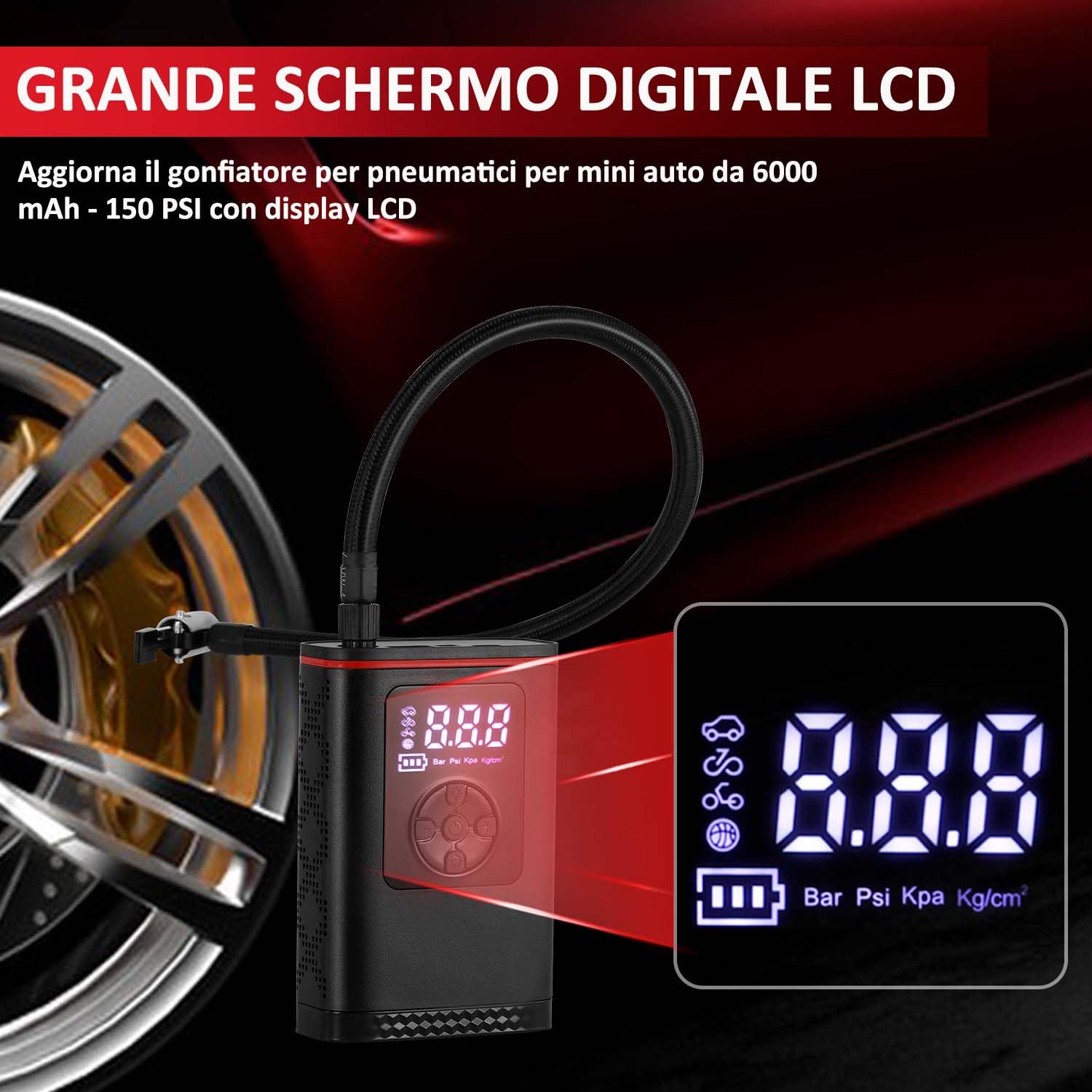 Hancaner Mini Compressore Aria Portatile, Compressore Aria Portatile Auto150PSI 7.4V 6000mAh con 4 Unità di Misurazione Della Pressione Display LCD per Auto, Bici, Moto, Scooter e Pallone.