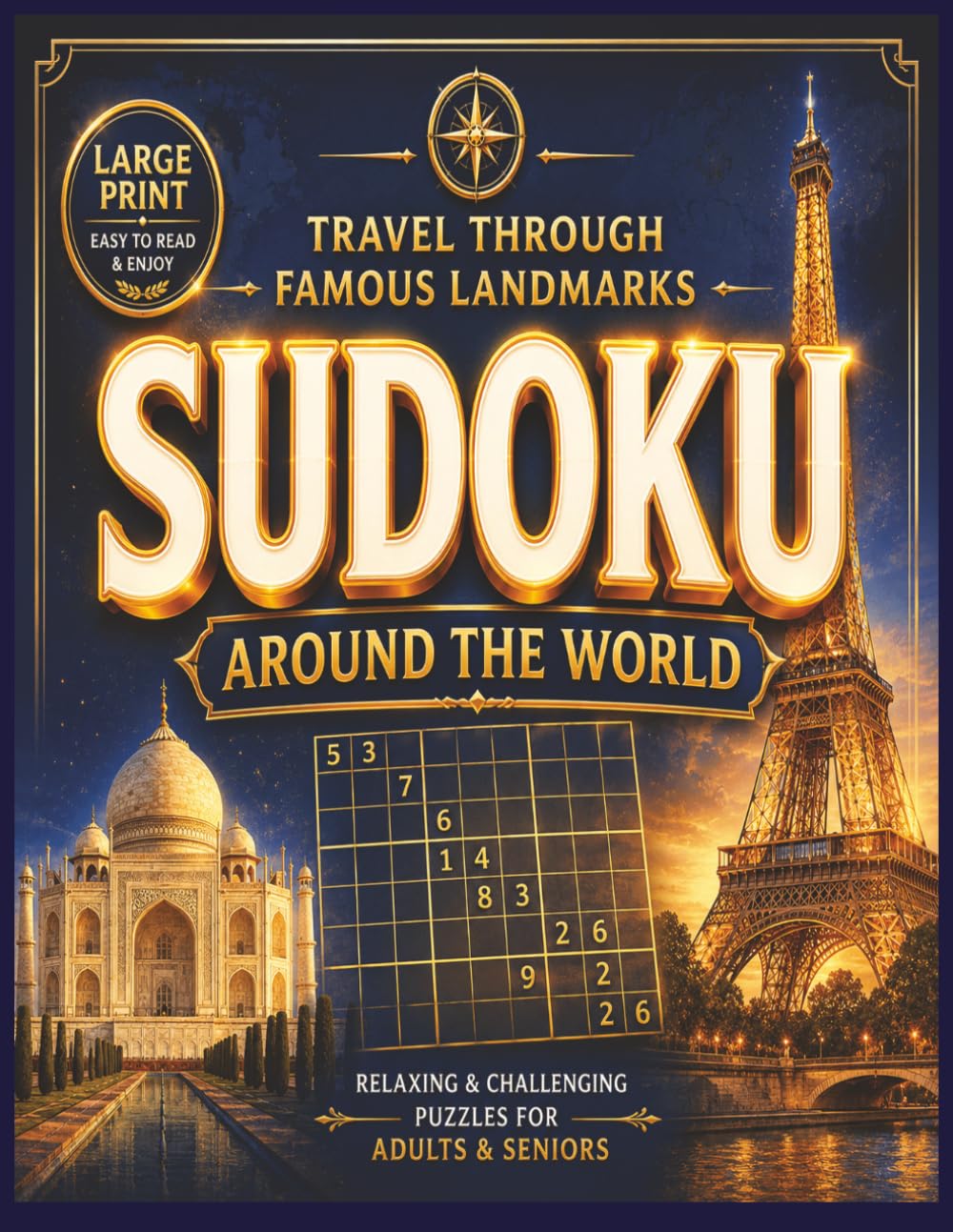 Sudoku. Around the World: Relaxing. Puzzles for Adults and Seniors. Large Print. Travel Through. Famous Landmarks.