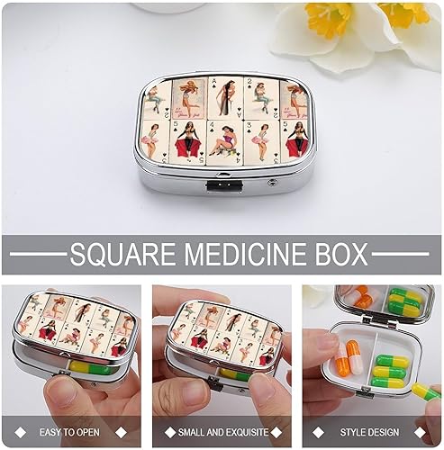 Miniatura 4 de Poker Pinup - Pastillero de viaje para niñas, 2 compartimentos, organizador de píldoras portátil, pequeño pastillero para bolsillo