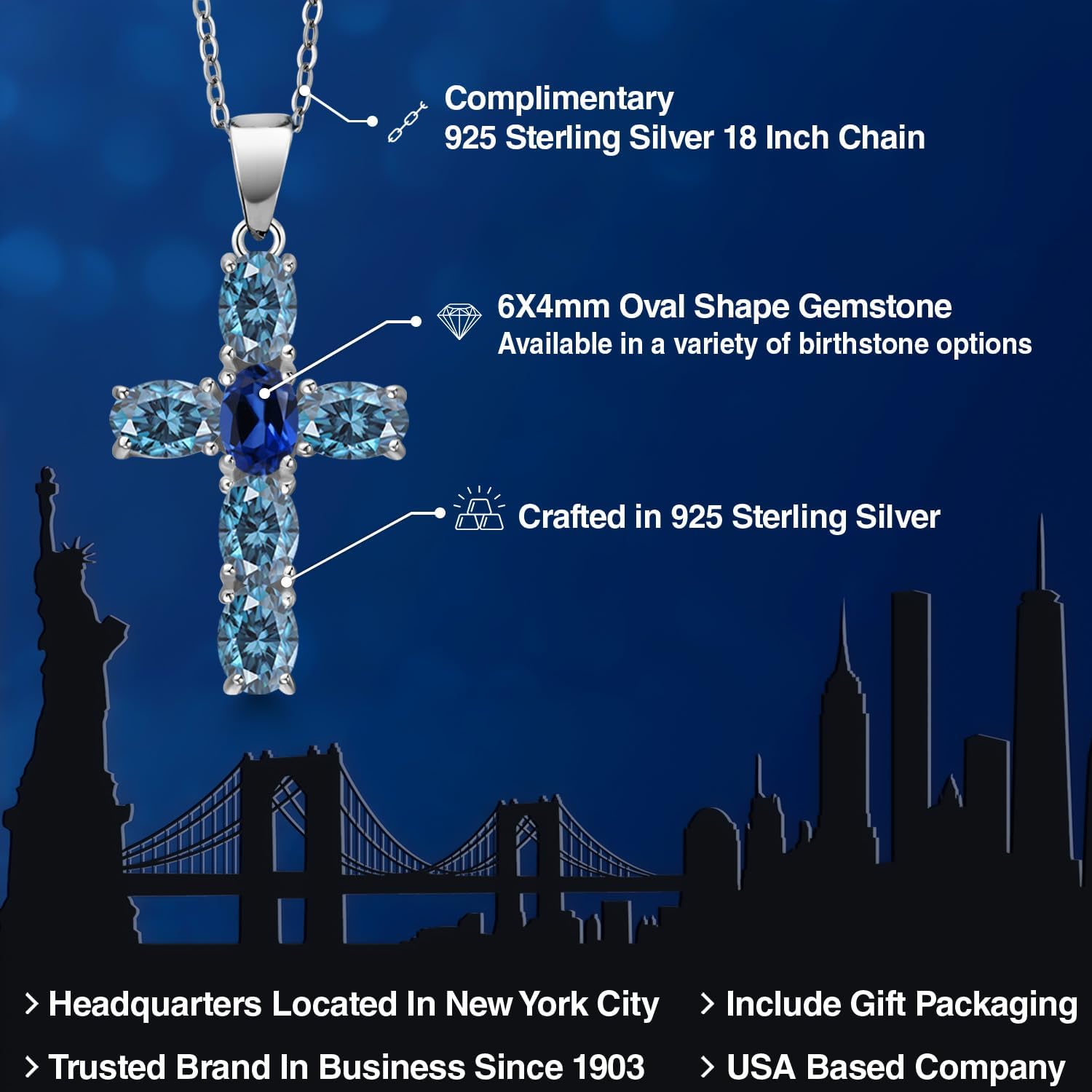 Gem Stone King 925 Sterling Silver Persian Blue Moissanite and Blue Created Sapphire Cross Pendant Necklace for Women | 2.85 Cttw | Gemstone Birthstone | Oval 6X4MM | With 18 Inch Chain - Image 2