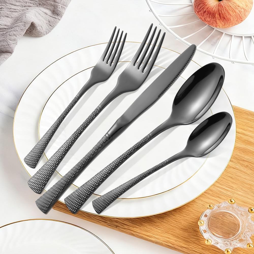 Hammered Black Silverware Set,20 Piece Modern Flatware Set Service for 4,Mirror Polished Stainless Steel Cutlery Set Utensil Set Tableware Set,Kitchen Knives Forks Spoons Set,Dishwasher Safe