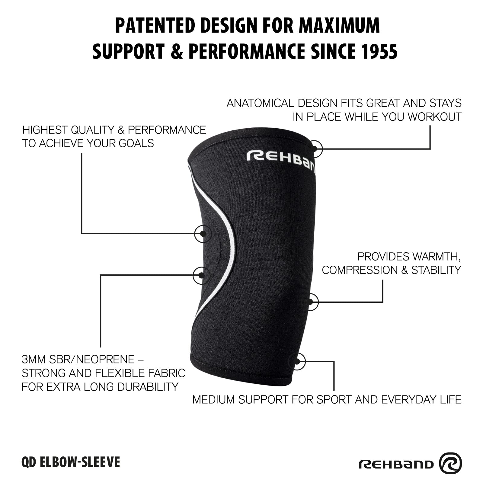 Rehband UD bandage de tennis pour le coude, 1 pièce, bandage de tennis 3mm néoprène, soutien du coude, Couleur:Noir, Taille:M