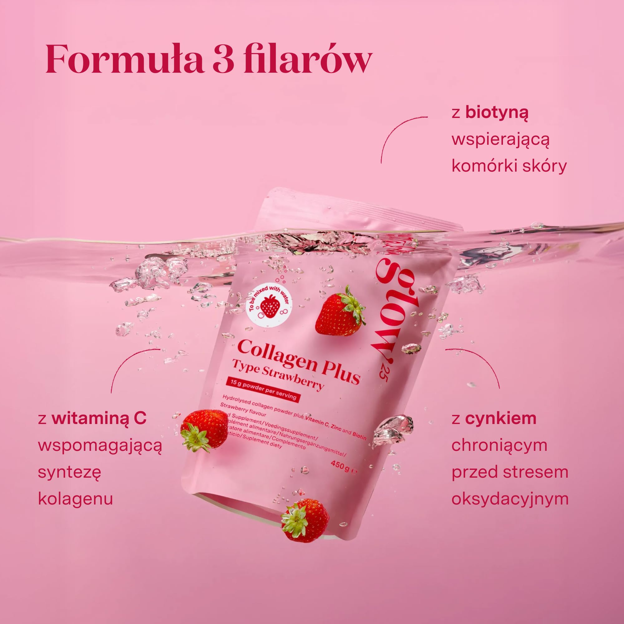 Glow25® Collagen Plus Type Strawberry [450g] – Hydrolizat kolagenu z witaminą C, cynkiem i biotyną – Peptydy typu 1 i 3 – Stworzony specjalnie do wody – O smaku truskawkowym