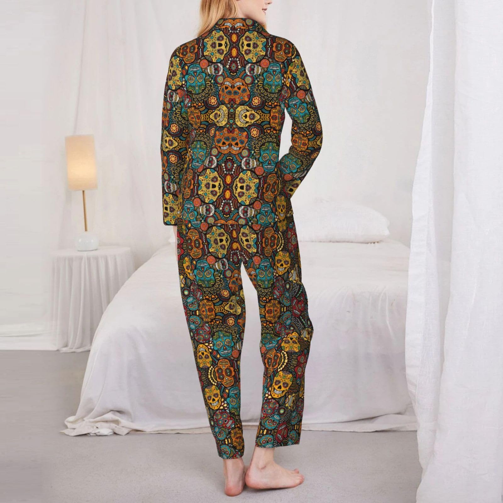 Colorato Zucchero Teschi Stampa Donne Manica Lunga Pigiama Set Daily Lounge Sleepwear Due Pezzi Soft Nightwear Wear