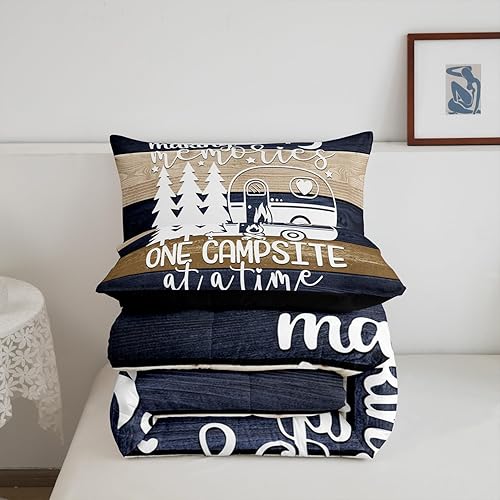 Miniatura 6 de Juego de edredón para niños, tamaño matrimonial, ropa de cama de campamento feliz, decoración de caravana para el interior, ropa de cama rústica