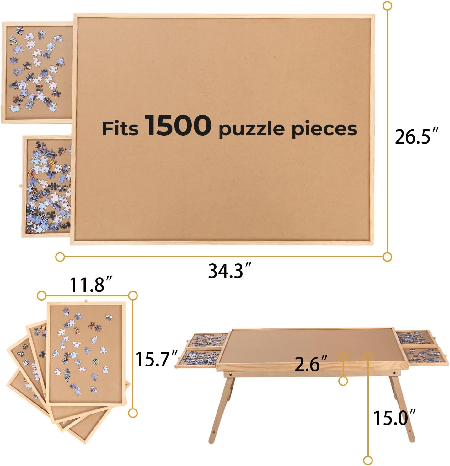 Yacona Puzzle Board 1500 Pieces,34.3”x 26” Jigsaw Puzzle Table with Folding Legs,4 Drawers and Cover,Portable Board Game Table for Adults and Teens with No Installation Required