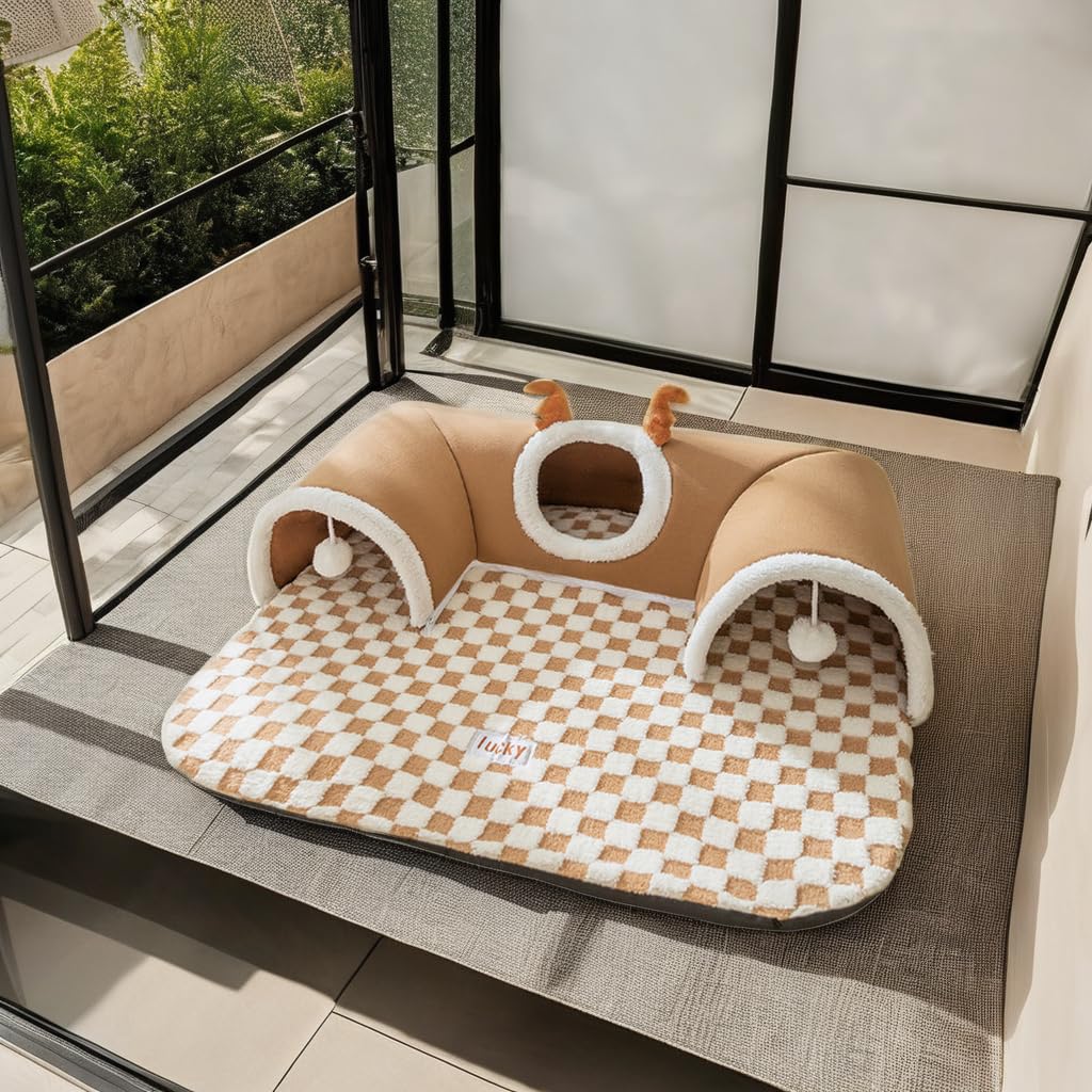 Cama túnel para gatos con juguetes de bolas de felpa, cueva Peekaboo para gatitos de interior, alfombrilla de juego suave extraíble, diseño lavable, ideal para gatos, cachorros y conejos