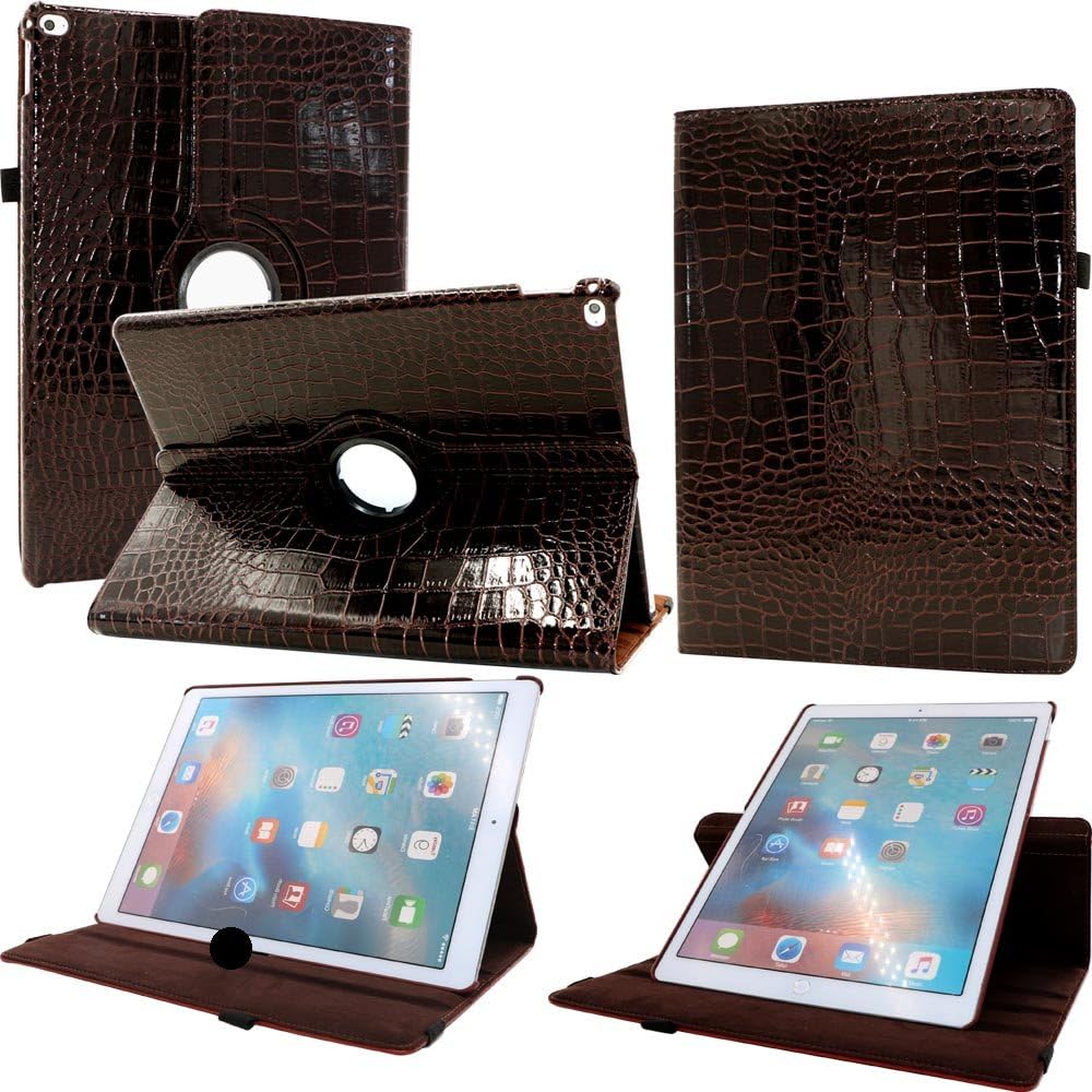 FIII iPad Pro 12.9 Case - Shockproof Unique 360 Rotating Leather Stand Smart Cover Case with Stylus Pencil Holder and Auto Sleep Wake Feature For Apple Tablet 12.9 Inch iPad Pro (Crocodile Chocolate)