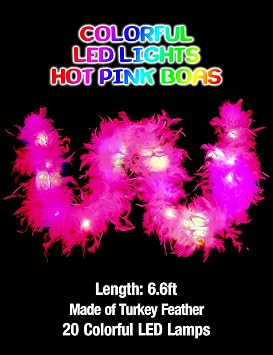 Colorful Feather Boas, 6.6ft Boa with 20 Color LED Lights for Women for Dancing Wedding Party Halloween, with Heart Sunglasses (Hot Pink)