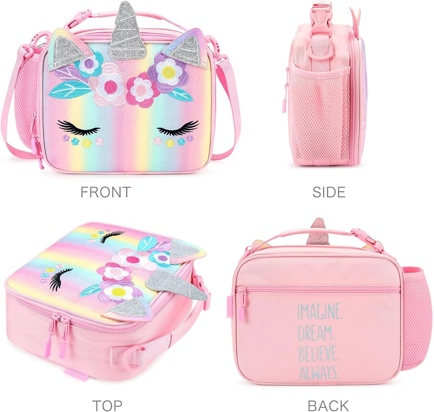mibasies Unicorn Lunch Bag Kids Insulated Lunch Box for Girls with Water Bottle Holder and Shoulder Strap (Pink Blue Rainbow) - Image 4