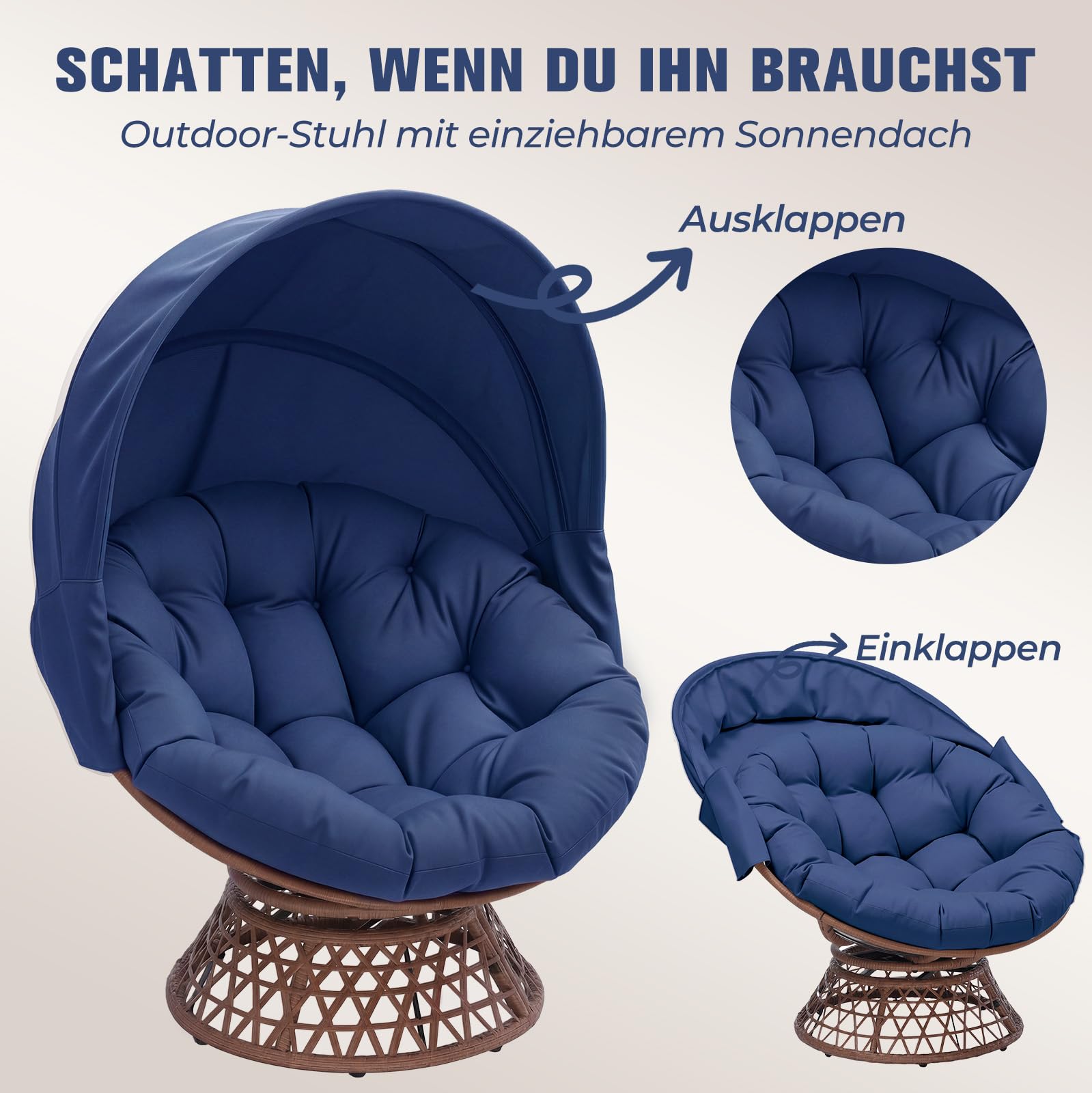 COMHOMA Papasansessel, gemütlicher Drehsessel mit Kissen rund, bequemer Rattansessel, Loungesessel drehbar, runder Relax Korbsessel Rattan für Wohnzimmer, Leseecke, Lounge - BLAU