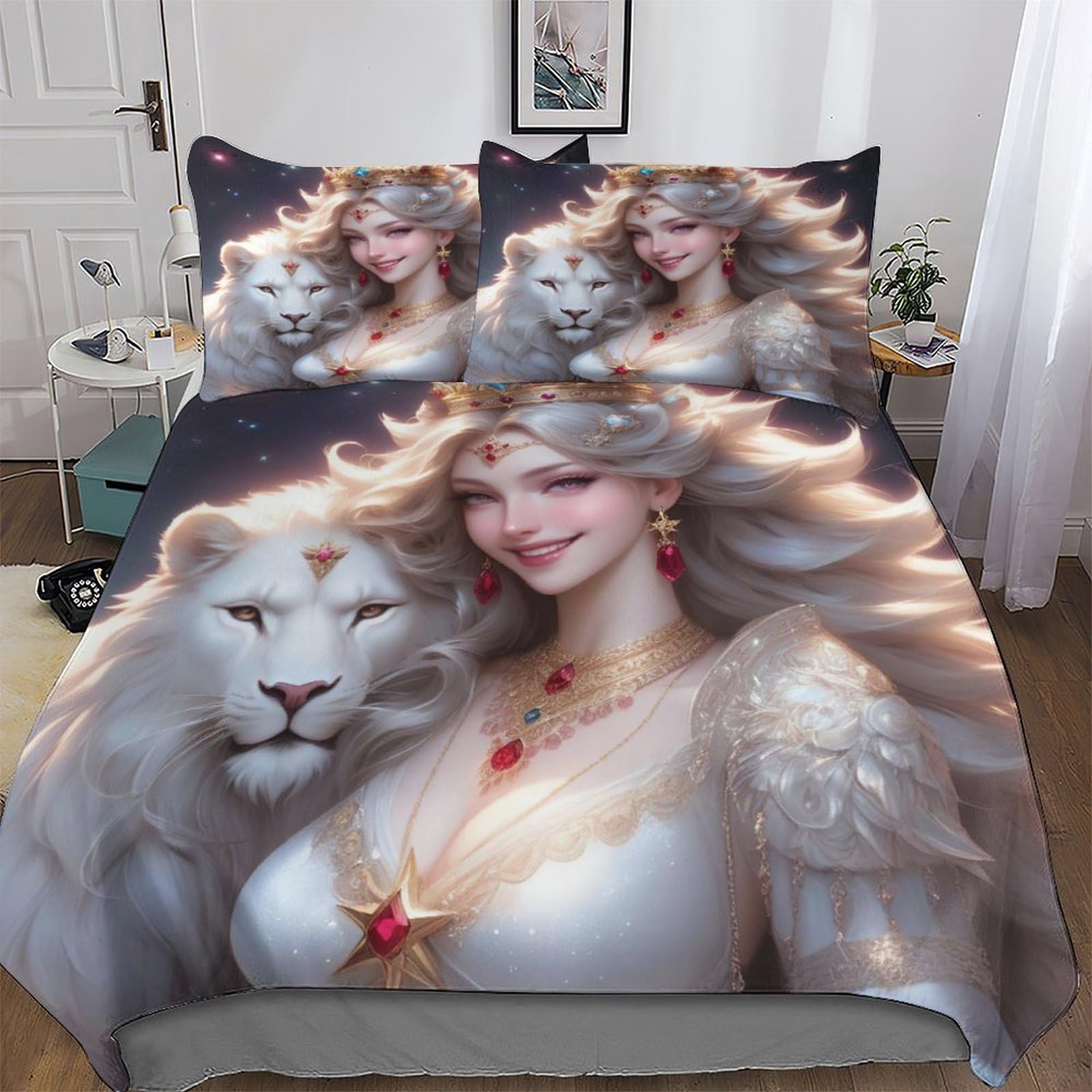 Parure de lit lion 200x200 cm avec housse de couette microfibre et taies d'oreiller