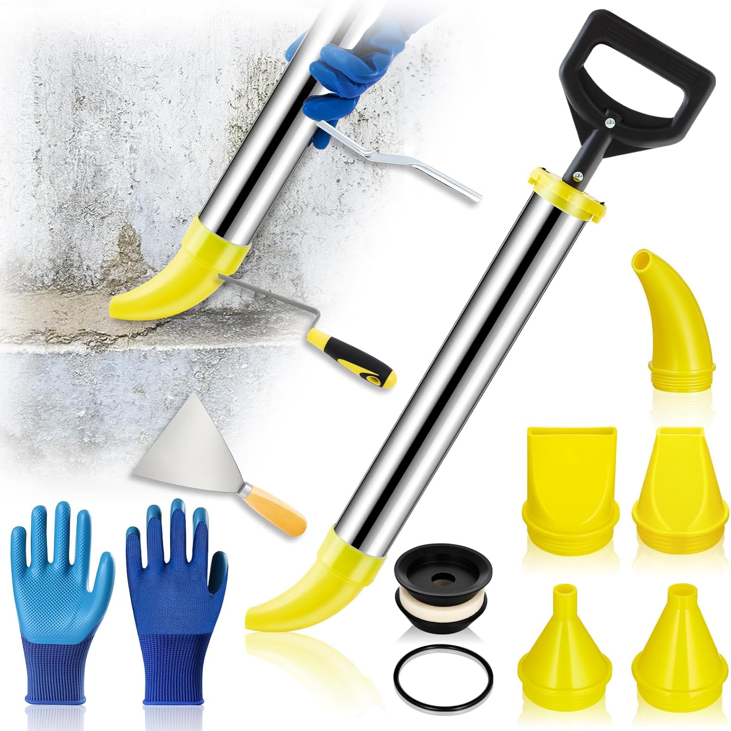 Mortar Pointing Grouting Gun with Grout Tools Stainless Steel Cement Caulking Gun Mortar Grouting Tool with 5 Nozzles for Tile Installation, Sealing, and Joint Filling