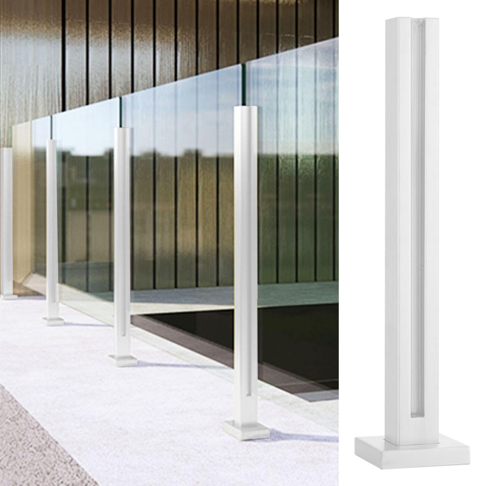 Poste Barandilla Vidrio Metal Balaustrada Postes de Barandilla de Cristal, Blanco Columnas de Abrazadera de Barandilla de Vidrio con Ranuras para Espiga y Base, Interior Exterior Pilares de Soporte de