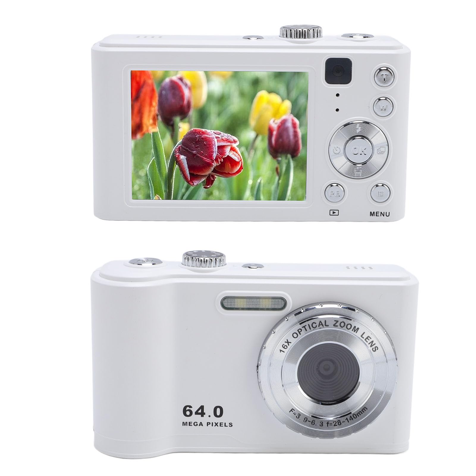 Fotocamera Digitale, 64 MP 4K da 2,8 Pollici di Registrazione Video CCD Vlogging Camera Fotografia Webcam da Viaggio Scolastico, 16x Zoom, per Adolescenti Principianti (WHITE)