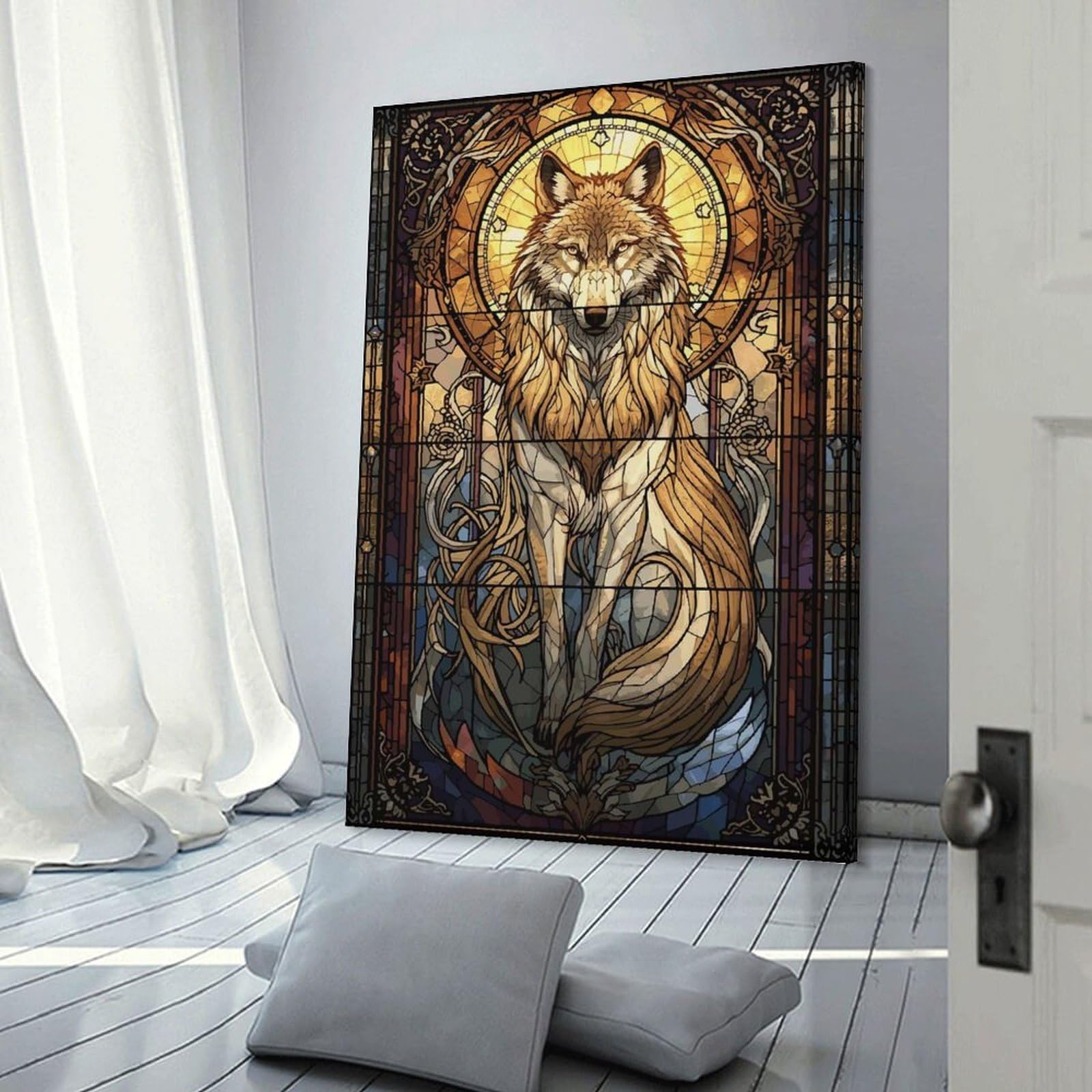 Junmoney Frame-Style-10 Stained Glass Wolf Canvas Wall Art, 12X18inch(30X45cm), For Living Room, Bedroom Or Apartment Walls, Decorative Artwork For Empty Walls