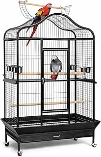 CENTRAL FISH AQUARIUM Foldable Metal Bird Cage with Stand, Wheel with 3 Steel Cups, 3 Perch and Tray for Macaw, Green Parr...