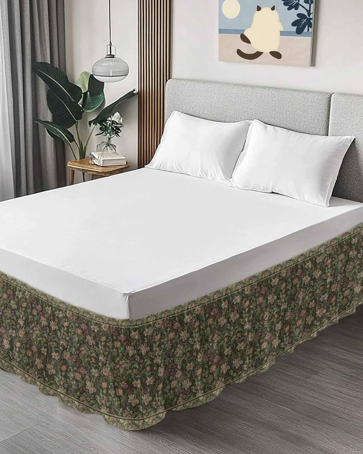 Sage Green Floral Bed Skirt King Size 16 Inch Drop, Adjustable & Elastic Wrap Around Bed Skirts Pleated Luxury Dust Ruffles for Twin Full Queen Cal King Base Bed, Ethnic Tribe Abstract Art Flowers