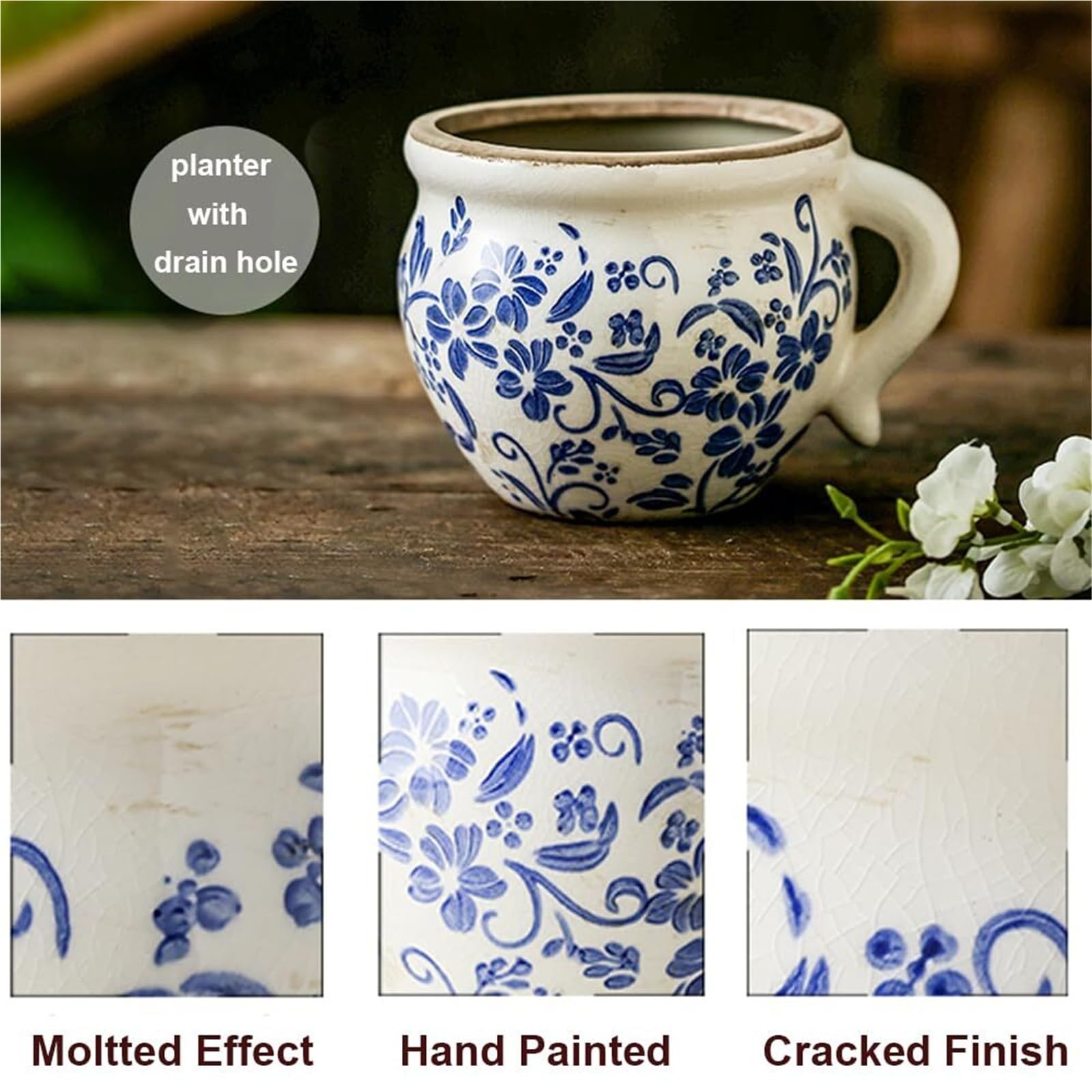Doniczka Vintage Retro Rustykalna Ceramiczna Doniczka Z Uchwytem - Vintage Pęknięty Wazon Wystrój Ogrodu(Blue2, With Drain)