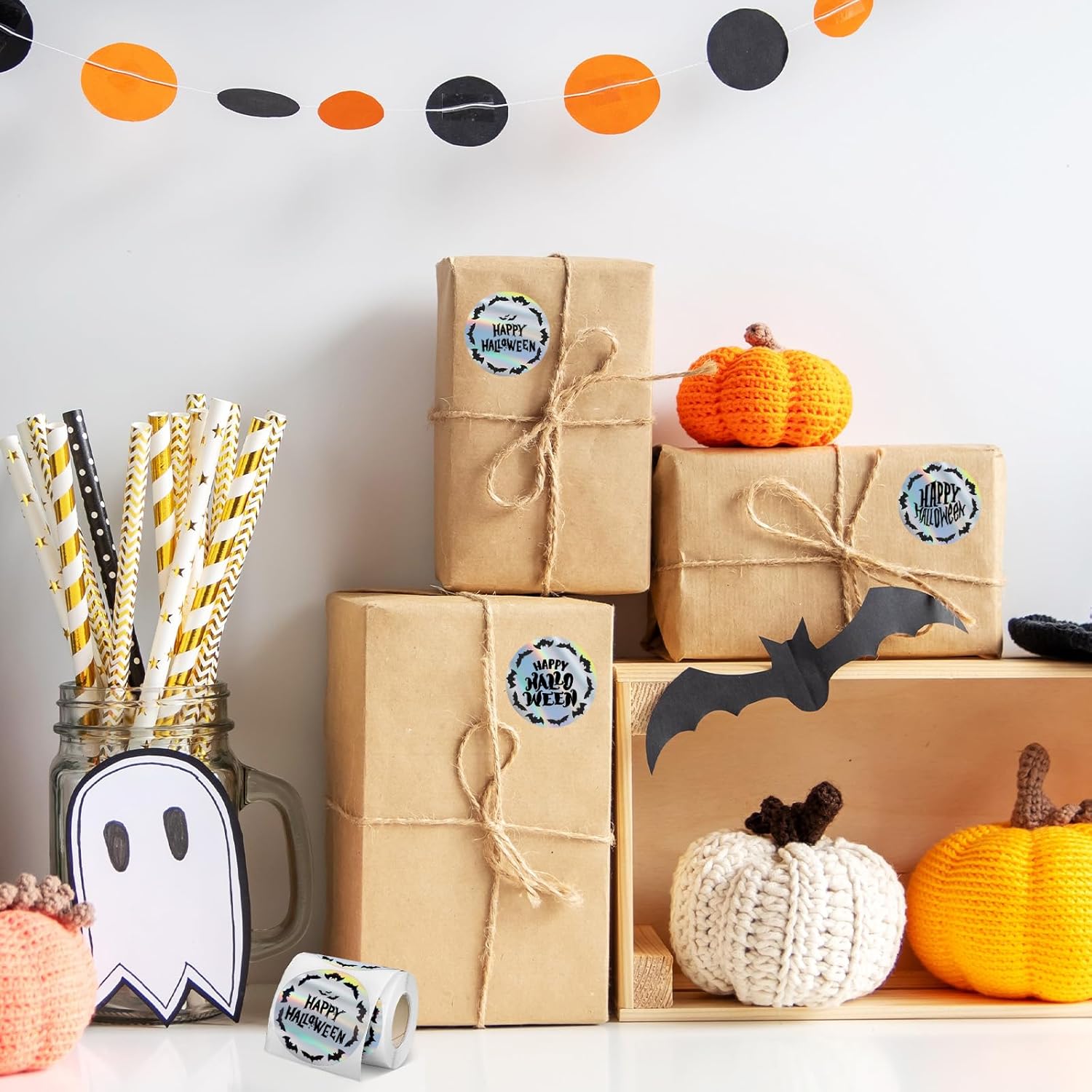 Whaline Halloween Bats Direct Thermal Labels Holographic Black Bats Label Stickers Round Self-Adhesive Printer Decals for DIY Candle Name Tag Logo Design, 200 Pcs - Image 4