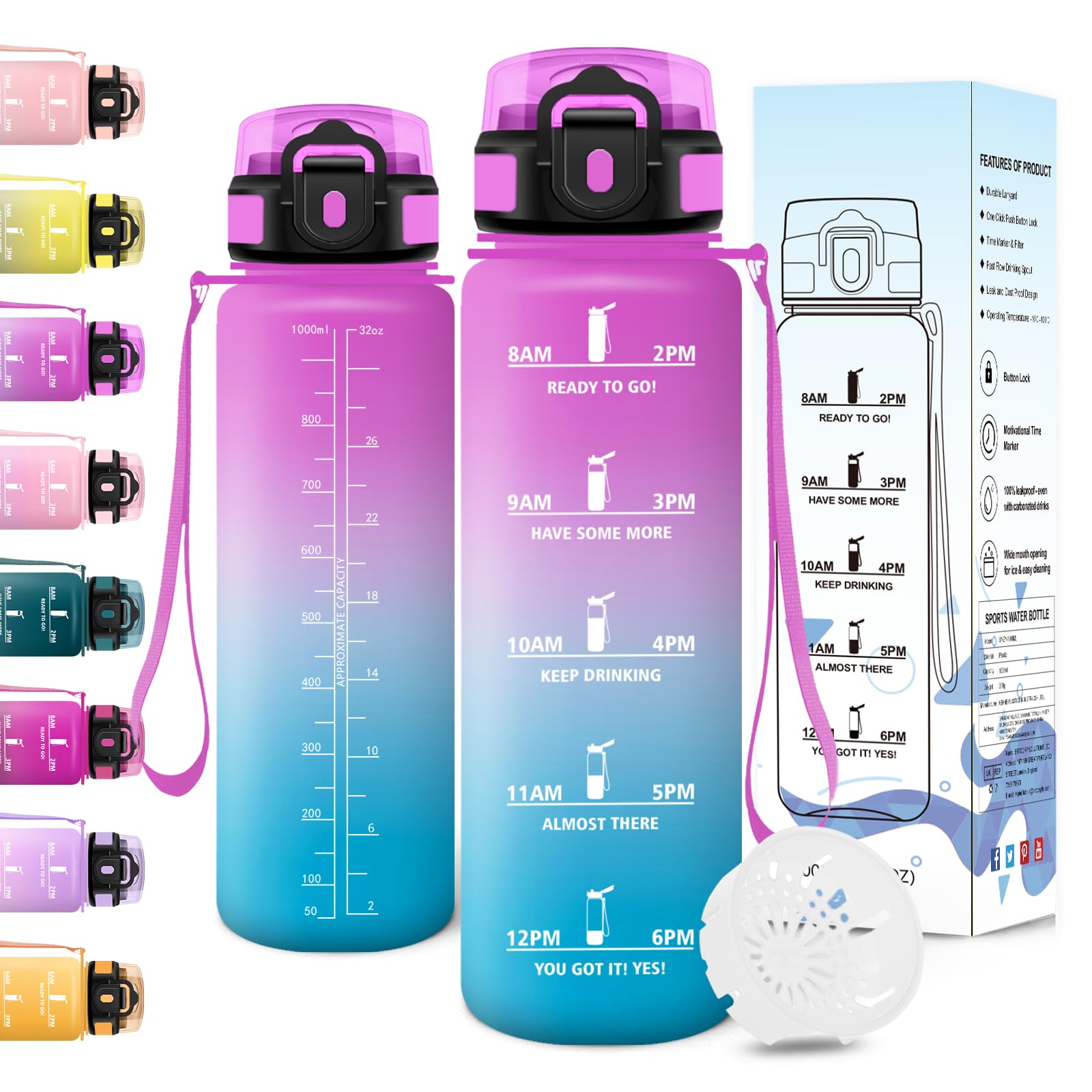 Motswedi Borraccia 1 litro, con Filtro, Borraccia Motivazionale, Prova di Perdite, Senza BPA, Bottiglia Acqua, con Marcatori di Tempo, per Scuola, Palestra, Ufficio, Ciclismo, Rosa Rosso & Ciano