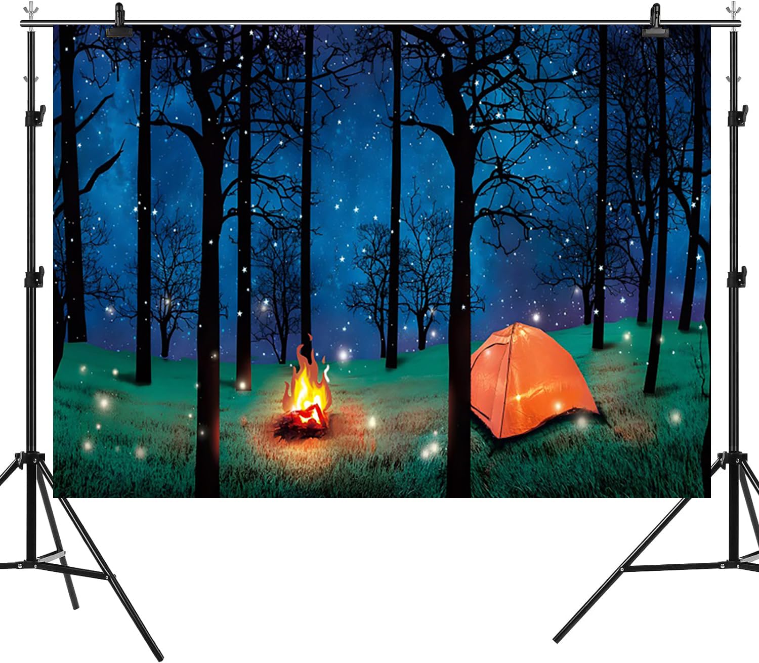 ASDCXZ 1,8 x 1,2 m Camping-Hintergrund, Wald, Nachtszene, Fotografie-Hintergrund, Lagerfeuer, Camper, Zelt, Glitzersterne, grünes Gras, Geburtstagsparty, Banner, Dekorationen, Wandern, Klettern Elektronik & Foto