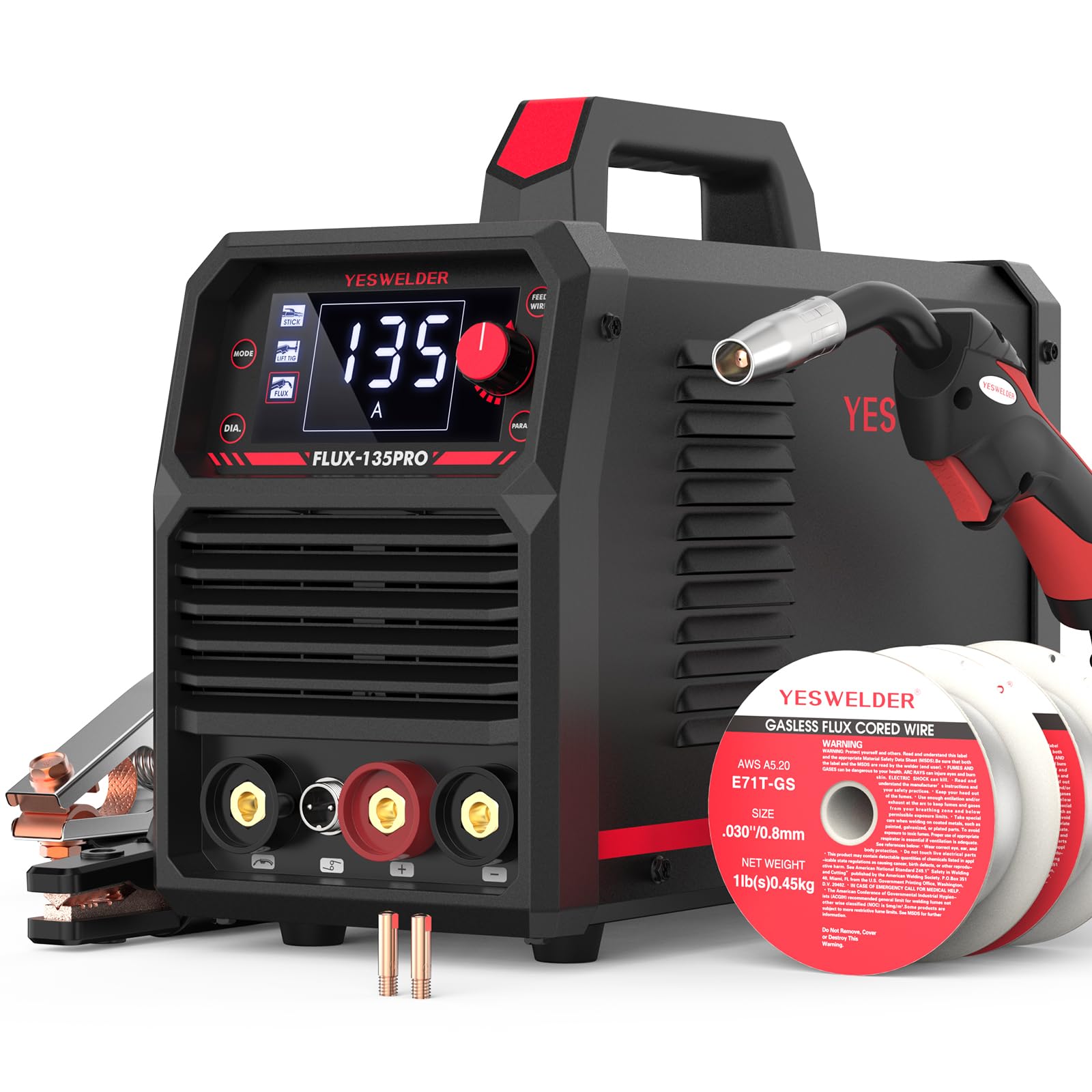 YESWELDER 135A MIG Welder, 110V Flux Core MIG/Lift TIG/Stick 3-in