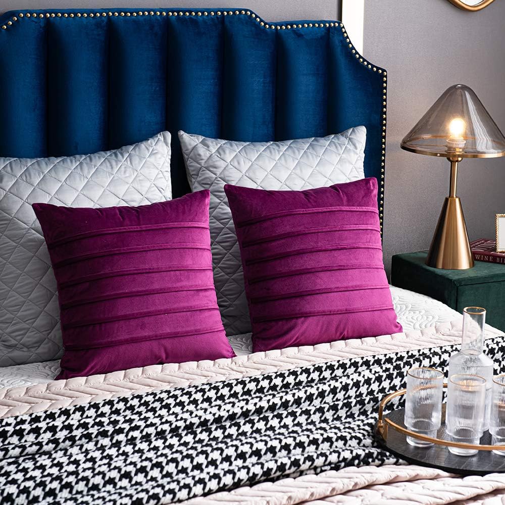 DEZENE 18x18 Purple Throw Pillow Cases: 2 Pack Cozy Soft Striped Velvet Square Decorative Pillow Covers for Couch