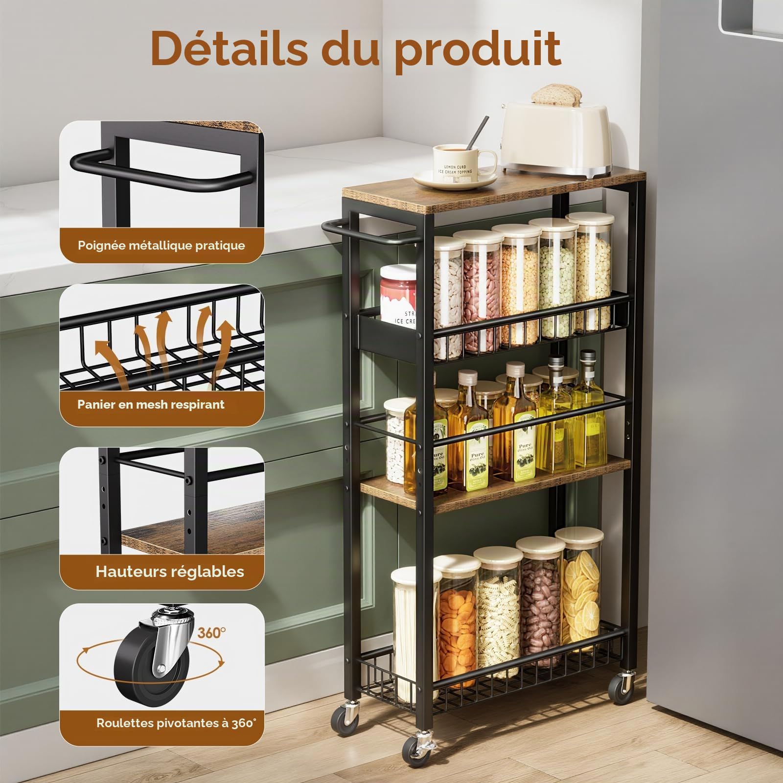 Chariot de Rangement Étroit à roulettes, Petit Chariot à 4 Niveaux avec Poignée, Profondeur 7,1 Pouces, Hauteur Réglable, Étagère Mobile pour Cuisine, Salle de Bain, Buanderie, Noir + Marron