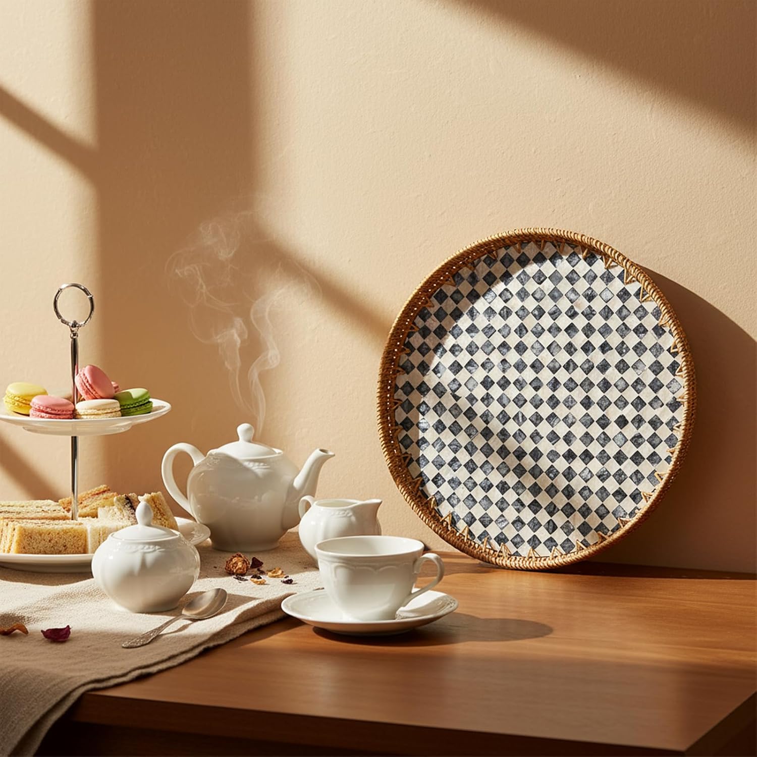 16 inch Round Rattan Tray with Mother of Pearl Inlay Wicker Serving Tray with Wooden Base Boho Decorative Wicker Basket for Table Decor Bathroom Candle Perfume(Black Checkerboard) - Image 6