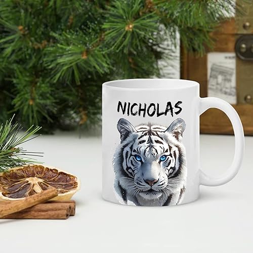 Miniatura 4 de Taza de cerámica personalizada con nombre de tigre blanco de 11 onzas, taza de café de tigre blanco personalizada, regalos para amigos, hombres,