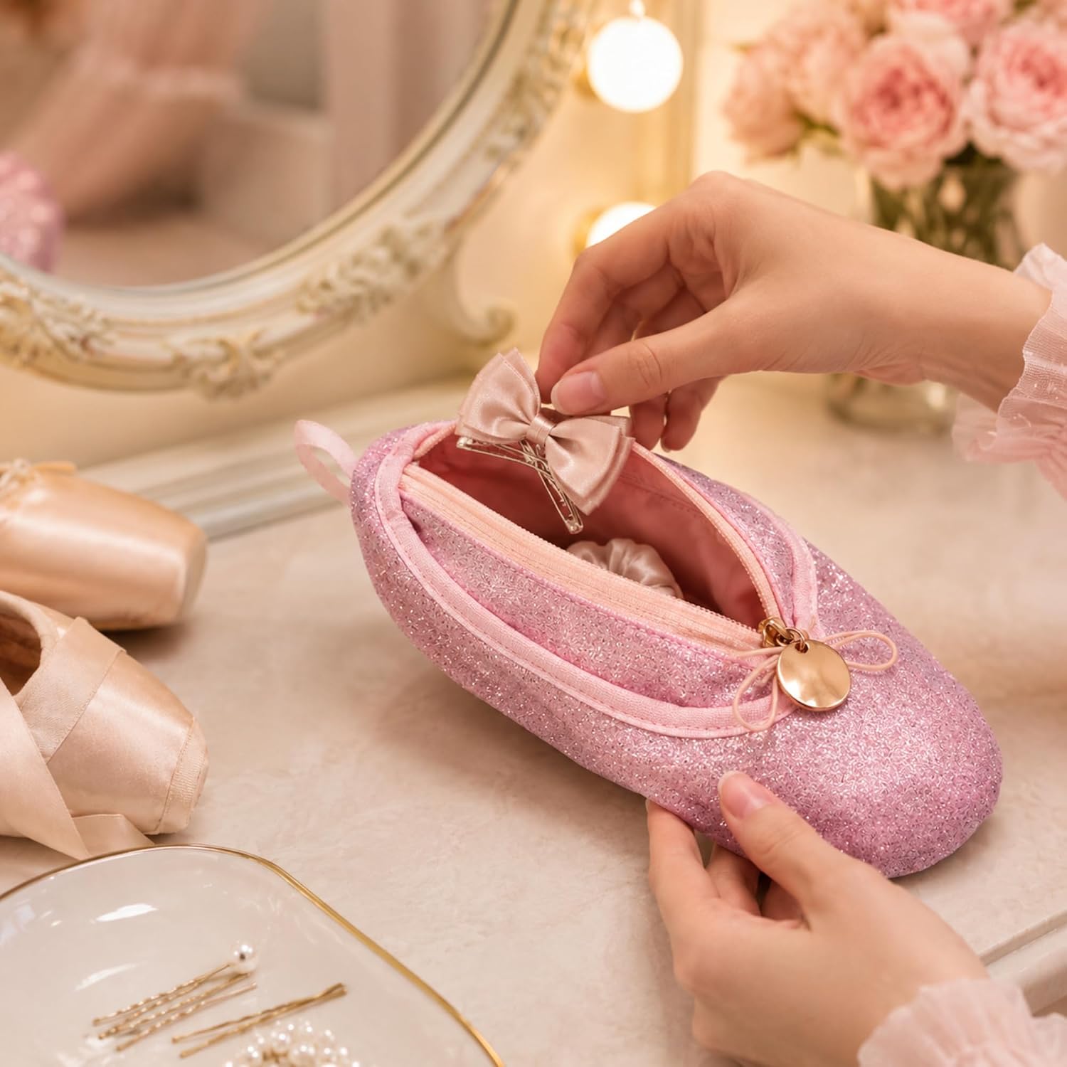 Danzcue Girls Ballet Shoe Bag, Sparkly Pink Ballerina Zipper Pouch for Kids, Gift for Little Dancers, Pink