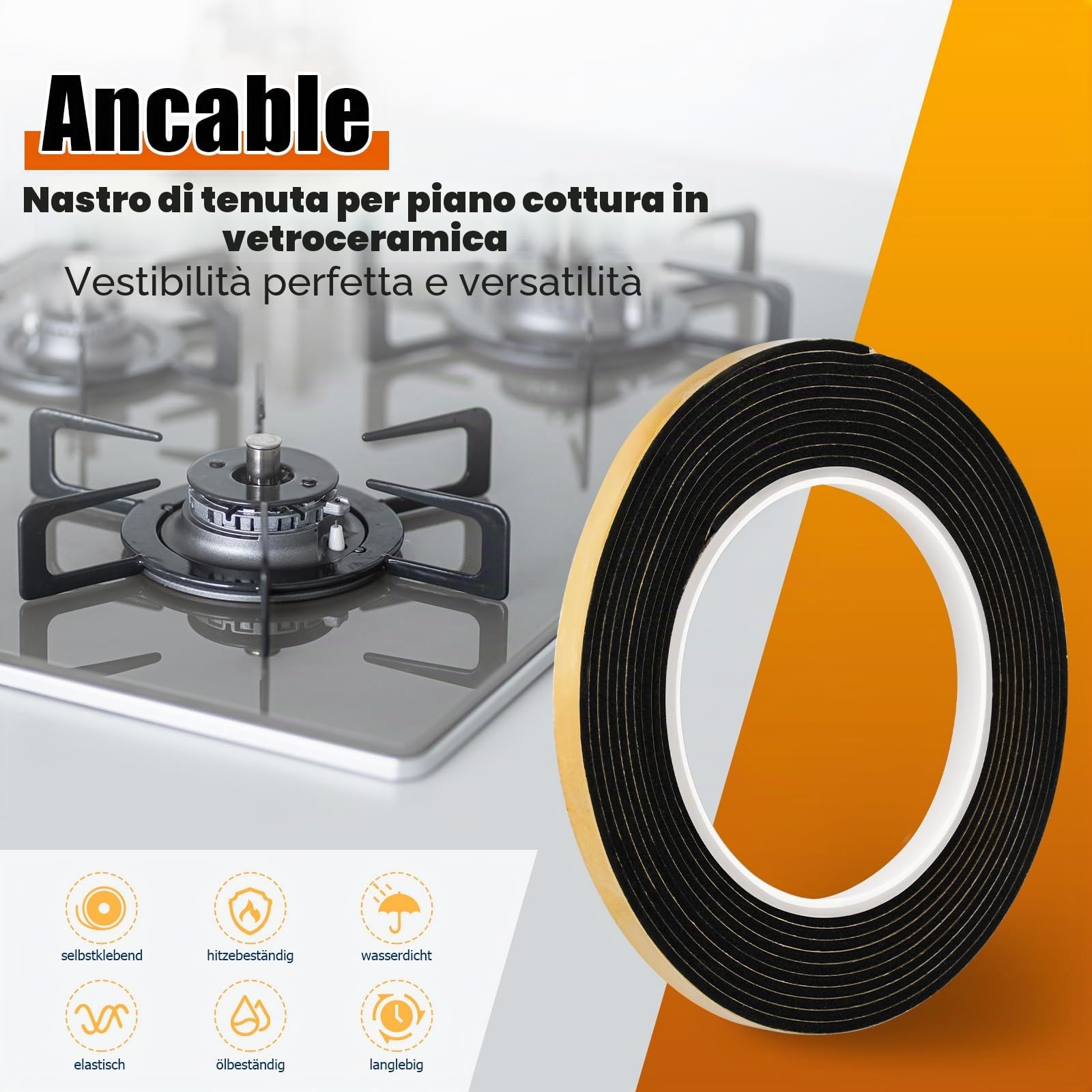 Ancable Nastro sigillante per piano cottura in vetroceramica, 3,3 m x 7 mm x 2 mm, guarnizione per piano cottura in vetroceramica, guarnizione con raschietto, 1 pezzo, nastro di montaggio autoadesivo