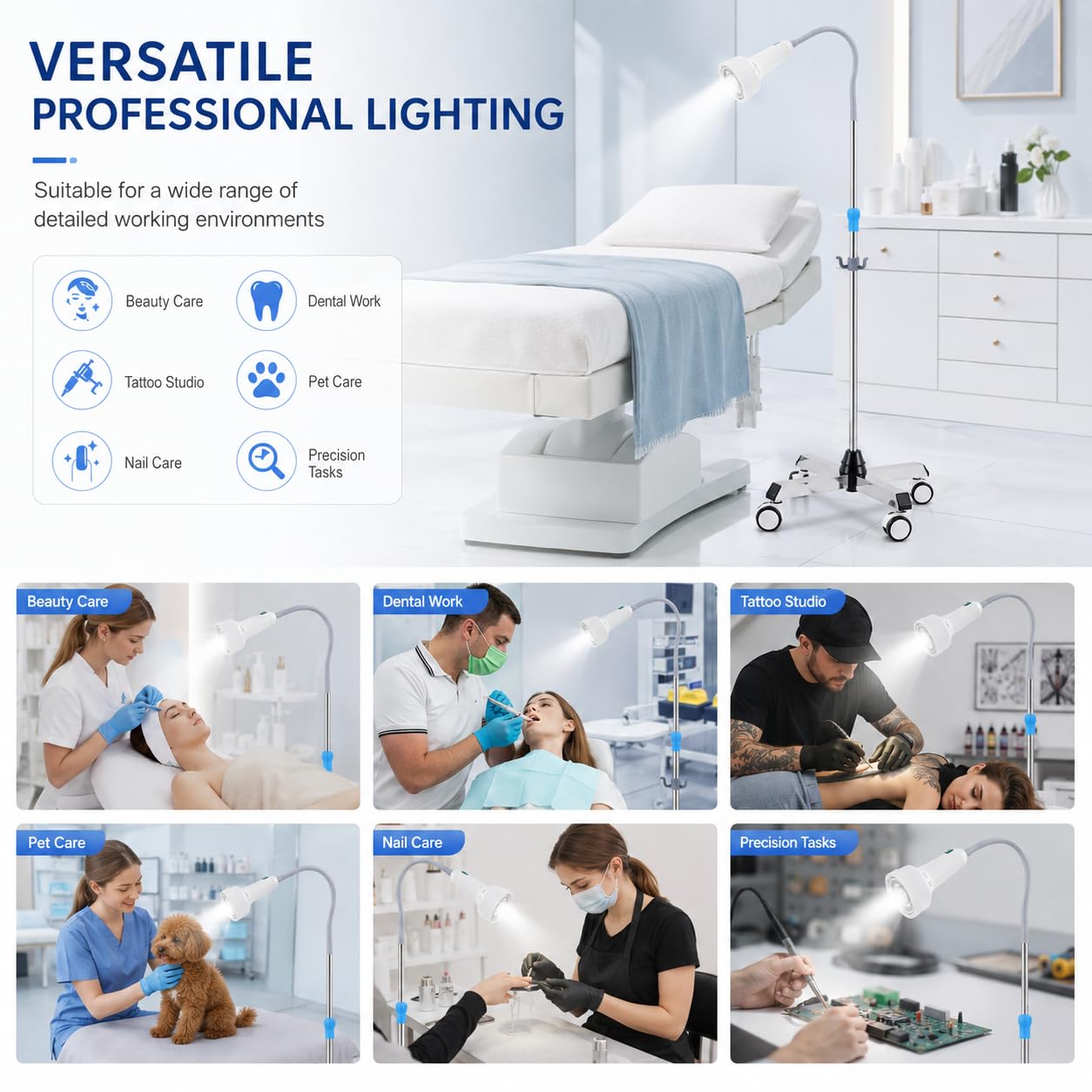 Mobile Untersuchungslampe, Einstellbare Höhe Stehlampe Dental Mobile Led mit 4-Universalrädern 2 mit Bremsen, 360° Drehbar Untersuchungsleuchte Ambulanzen, Gynäkologie, Schönheitssalons