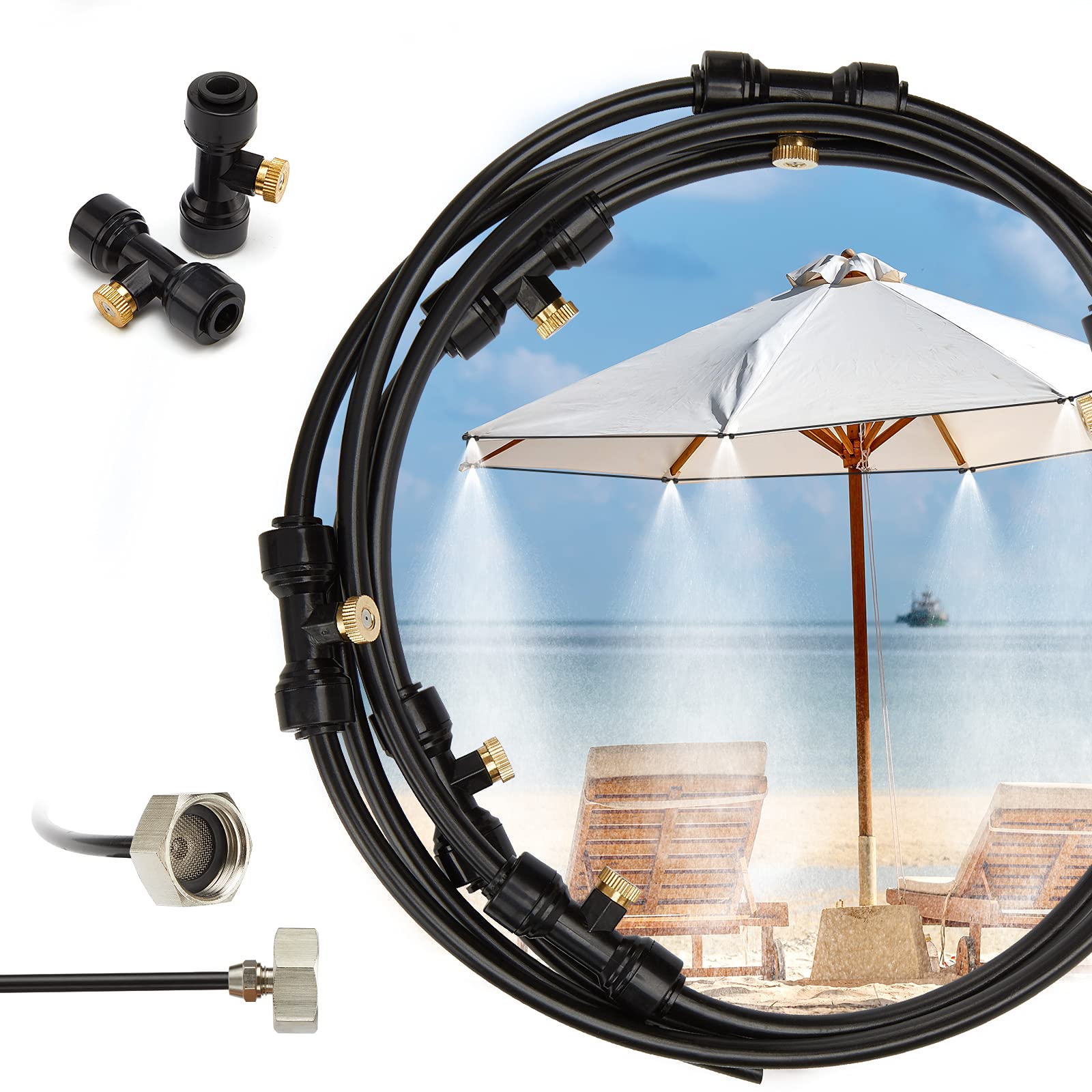 InkbirdPlus Outdoor Misting Cooling System 15m/49ft Misting Hose with 15Pcs Brass Mist Nozzles Standard 3/4” Faucet Adapter DIY Air Temperature Cool Water Misting Kit Garden Patio Trampoline Parasol