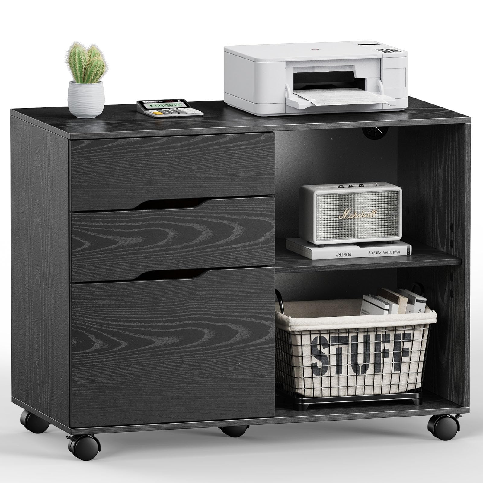 DUMOS 3 Drawer Rolling File Cabinet, Wood Printer Stand with Storage