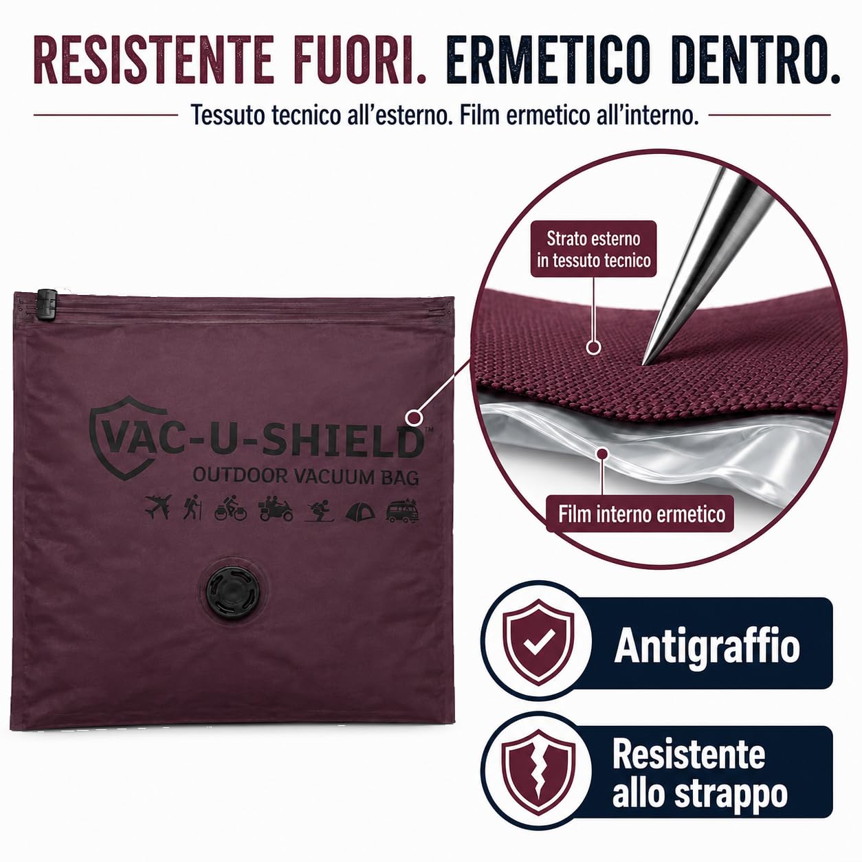 Vac-U-Shield Set 2 Sacchetti Sottovuoto + Pompa da viaggio USBc Rosso 45x34 | 2 sacchetti tessuto anti-graffio + pompa wireless USB-C ricaricabile, sacchi, buste adatte a zaini e bagagli a mano Ryanair