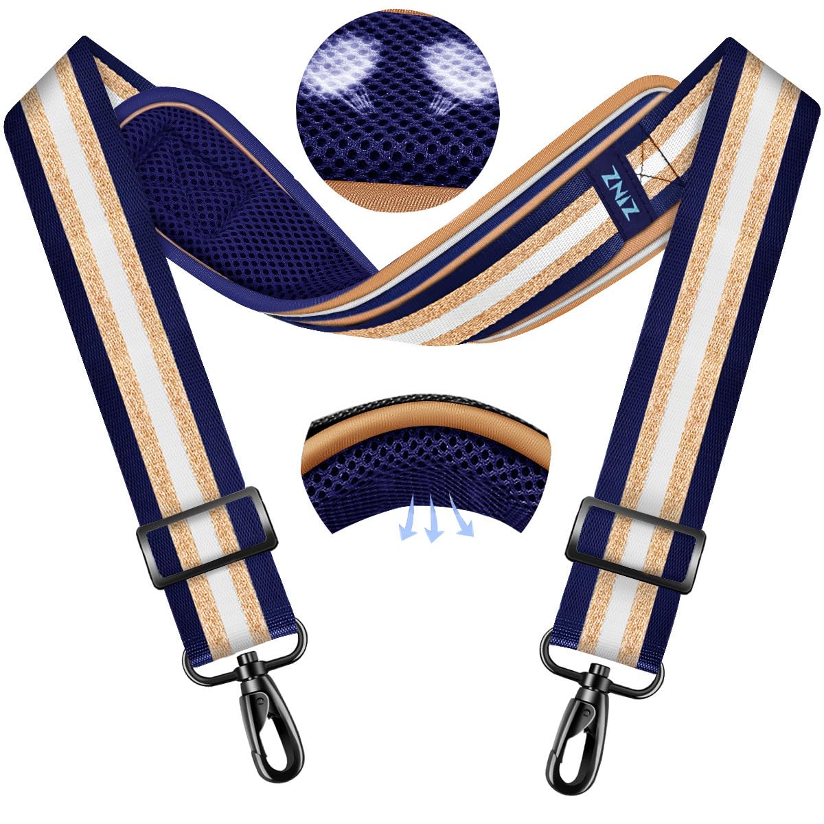 ZINMARK Shoulder Strap 59 inch, Extra-Thick Fixed Cushion Pad and Dual Clasps Universal Replacement Strap for Bags, Camera, Crossbody，Lawn mower Blue Gold Jacquard