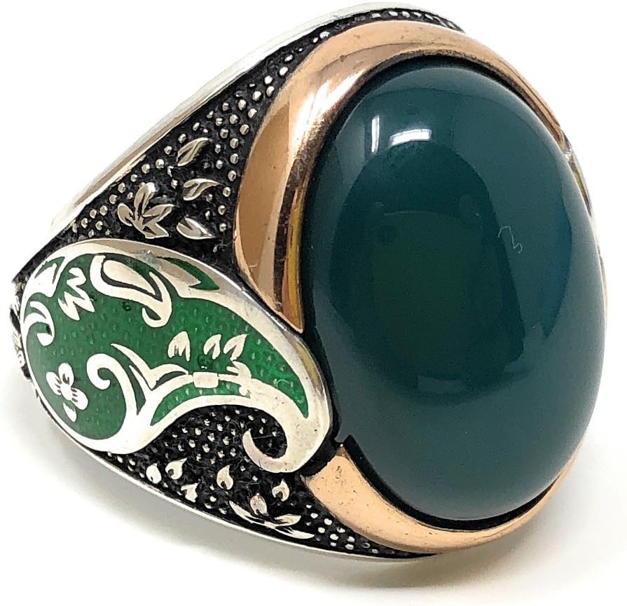 KAR 925K Sterling Silver Green Agate Aqeeq Men's Enameled Ring Special Edition