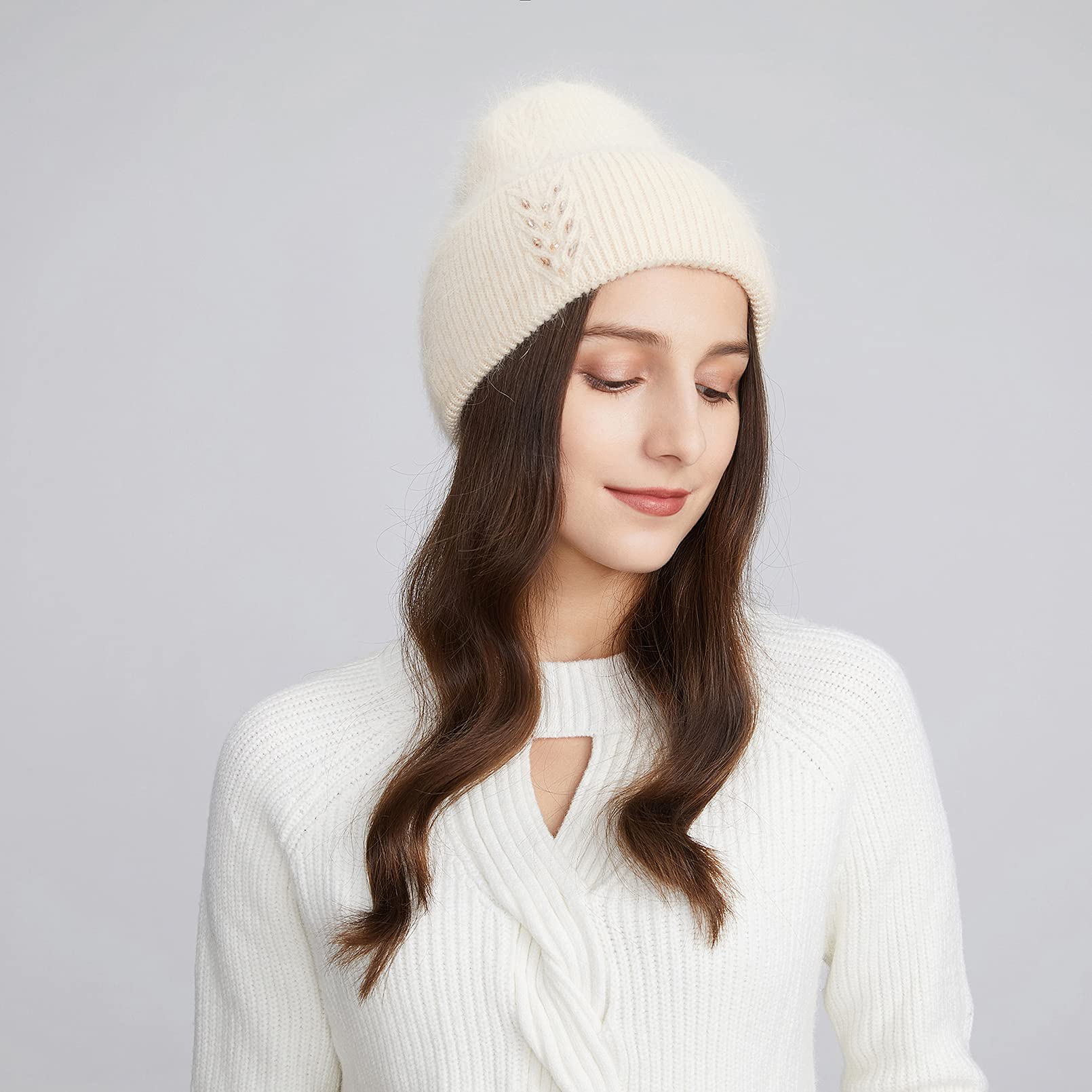 BeFur Bonnet d'hiver à pompon en cachemire pour femme - Bonnet tricoté chaud avec strass et épis de blé