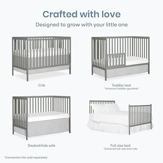 Dream On Me Synergy 5-in-1 Convertible Crib in Cool Grey, Greenguard Gold Certified | GREENGUARD Gold, BSA Verified, ASTM & CPSC Compliant, Classic Straight Rail, 3-Position Mattress Support, 50 Lb Limit, 5-in-1