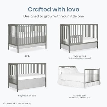 Dream On Me Synergy 5-in-1 Convertible Crib in Cool Grey, Greenguard Gold Certified | GREENGUARD Gold, BSA Verified, ASTM & CPSC Compliant, Classic Straight Rail, 3-Position Mattress Support, 50 Lb Limit, 5-in-1