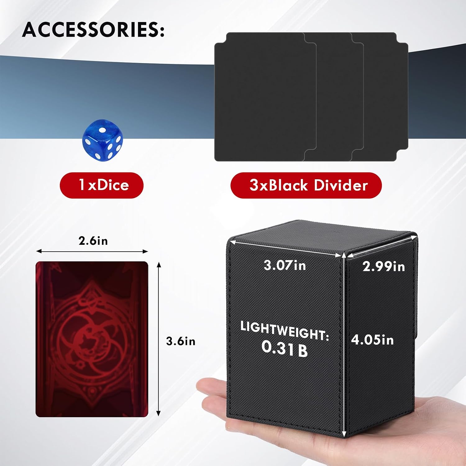 180+ Card Deck Box with 3 Dividers and Game Dice | gray, dustproof, waterproof leather holds 180+ sleeved cards 110+ single-sleeved cards, 80+ double-sleeved