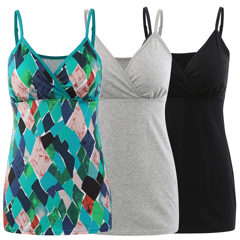COLOMI Karmienie tank topy dla matki z wbudowanym biustonoszem do karmienia piersią Basic Camisole, Black + grey+green Print/3 pack, L