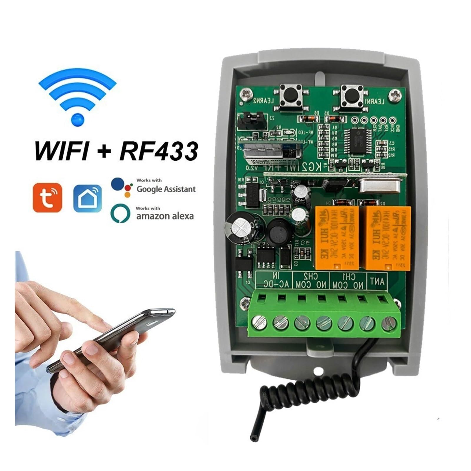 WIFI Garage Door Receiver 2CH 433.92MH-z Universal Fixed Rolling Code 7-32V(85-250V Tuya 433.92mhz receiver)